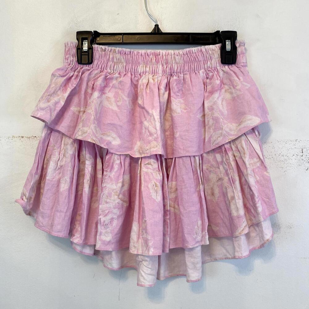 LOVESHACKFANCY pink floral tiered ruffle mini skirt sz S